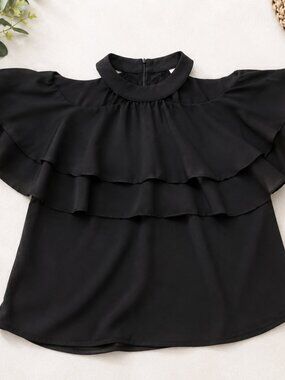 Dazy Women's XL Black Ruffle Blouse Mock Neck Flutter Sleeve Chiffon Top